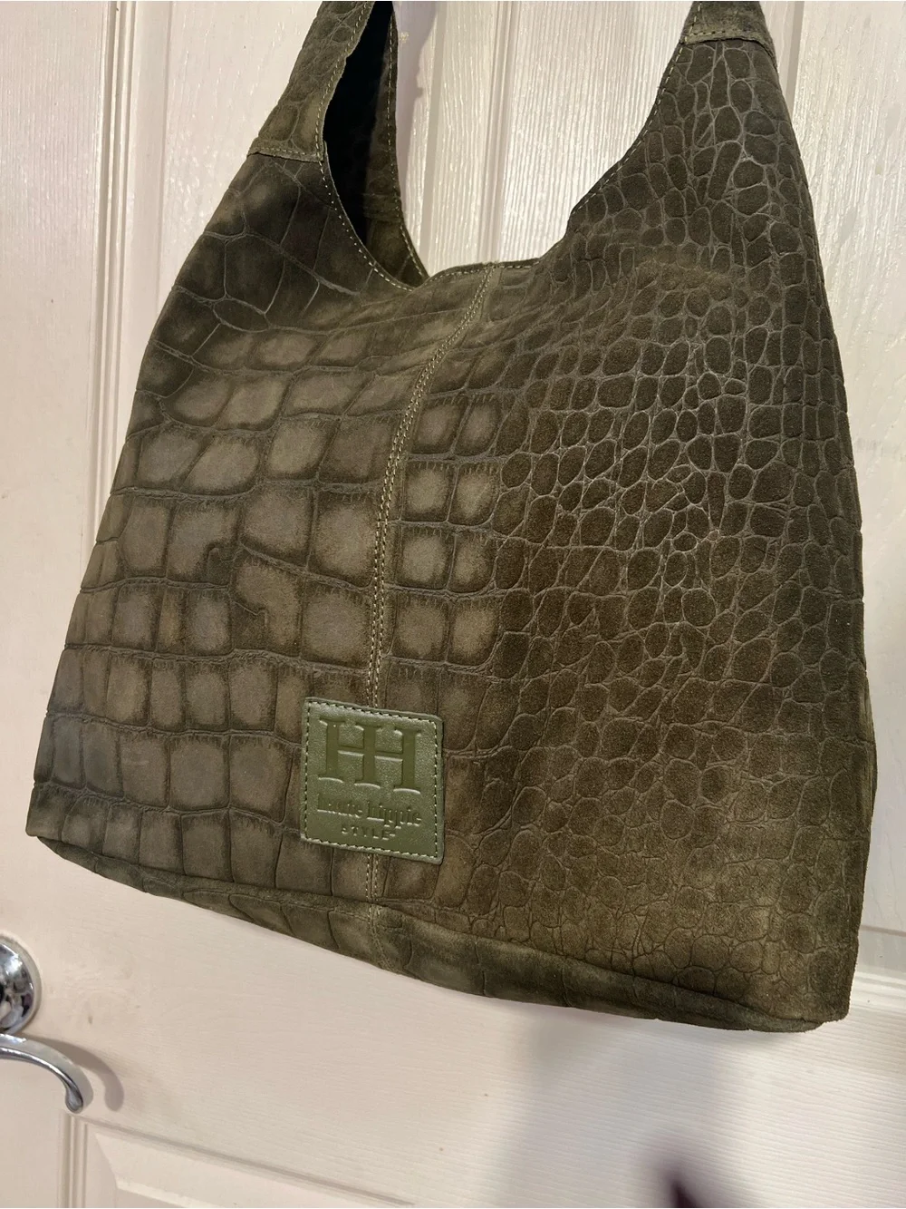 Haute Hippie olive green hobo bag with, crocodile-embossed suede design.NWT